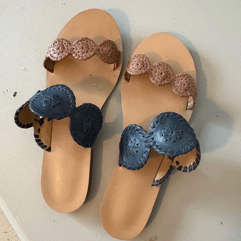 Jack Rogers Two-Tone Leather Slide Sandals - Navy & Tan